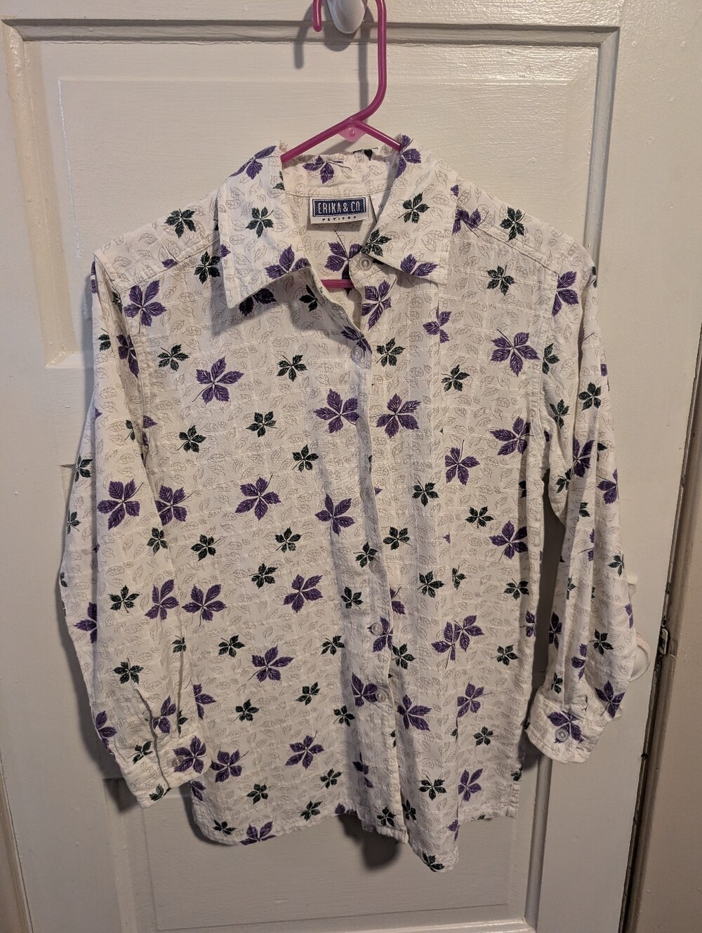 Vintage Cottagecore Eclectic White Button-Down Shirt Purple & Green Leaf Print